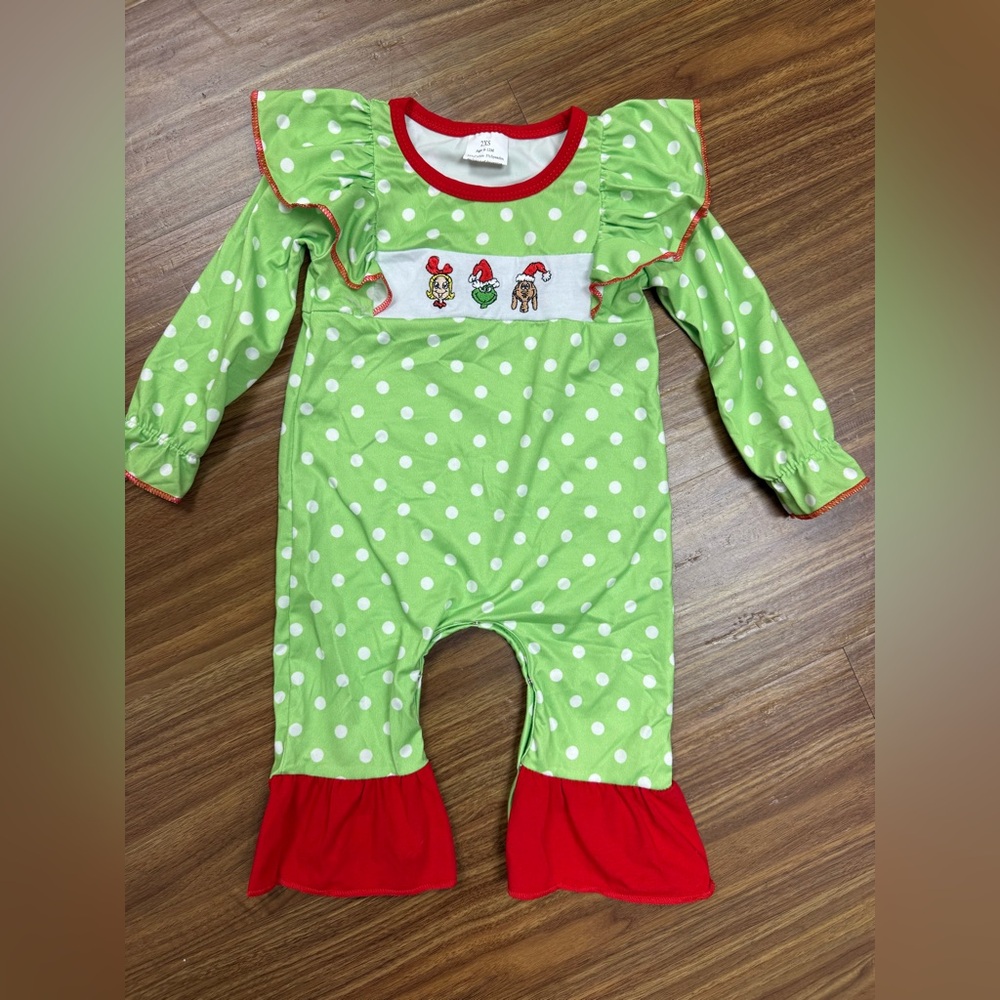 Boutique- Green Polka Dot Holiday Ruffled Baby Romper with Character Embroidery
